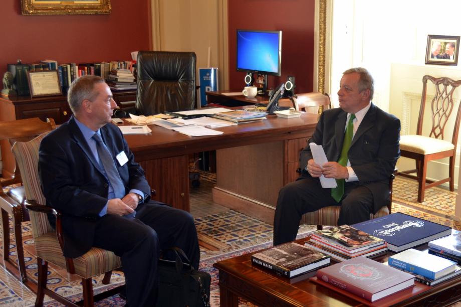 U.S. Senator Dick Durbin (D-IL) today met with the new Director of Fermi National Accelerator Laboratory Dr. Nigel Lockyer to discuss the importance of continued federal funding for scientific research and development programs.